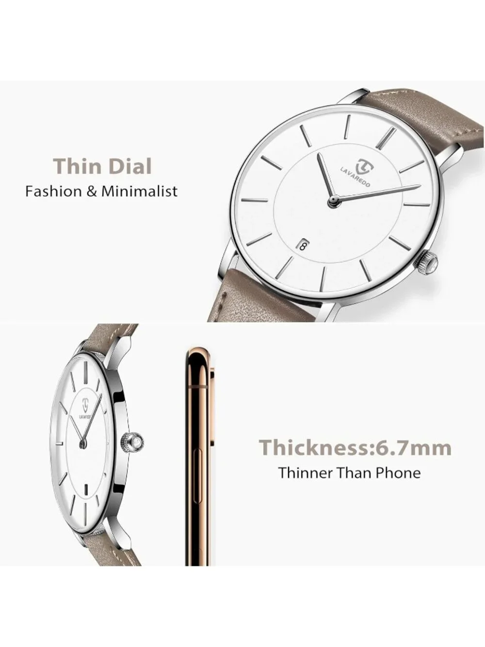 Mens White Dial Beige Leather Strap Analog Minimalist Fashion Simple Wrist Watch